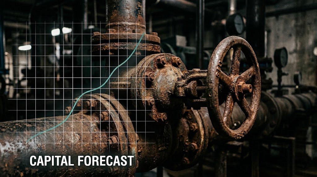 Rusted industrial pipework and a large valve handwheel in a plant, overlaid with a rising trend line on a grid and the label CAPITAL FORECAST