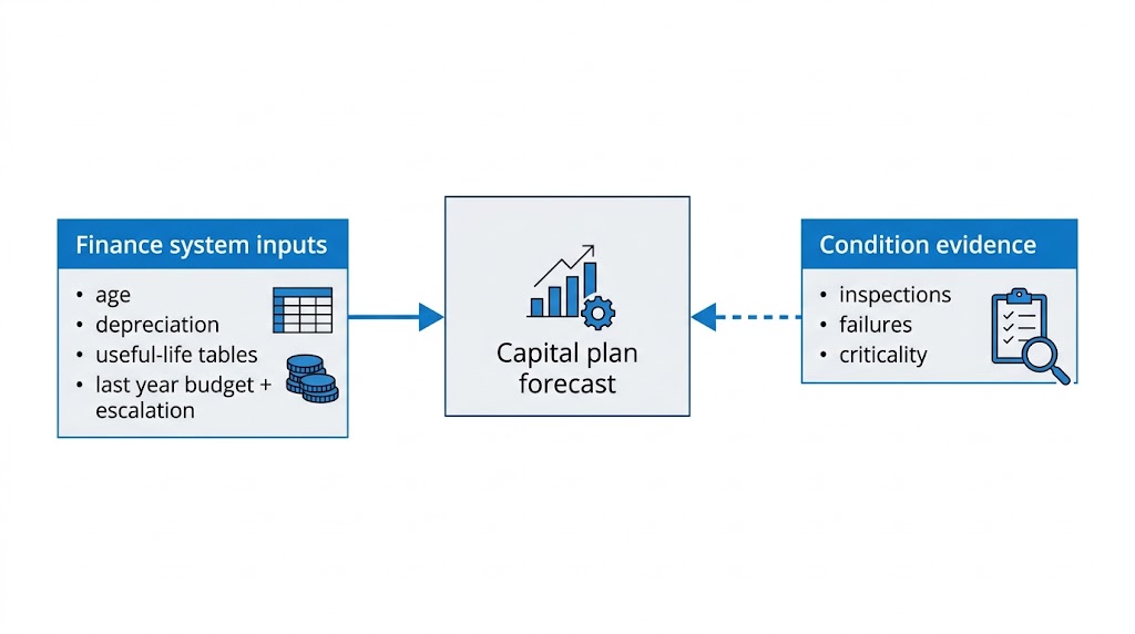 Diagram: finance system inputs of age, depreciation, useful-life tables and last year's budget plus escalation feed the capital plan forecast through a solid arrow, while condition evidence of inspections, failures and criticality connects only by a dashed arrow