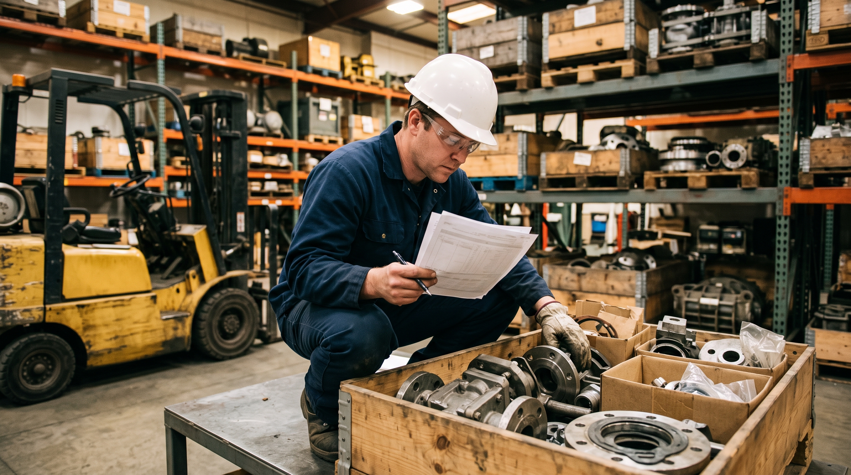 A maintenance planner checks a kitted crate of valve parts against the work package at a storeroom staging bay