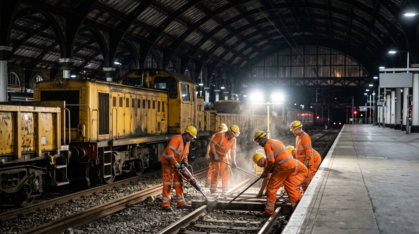 Track workers under floodlights during an overnight engineering possession at a London terminus