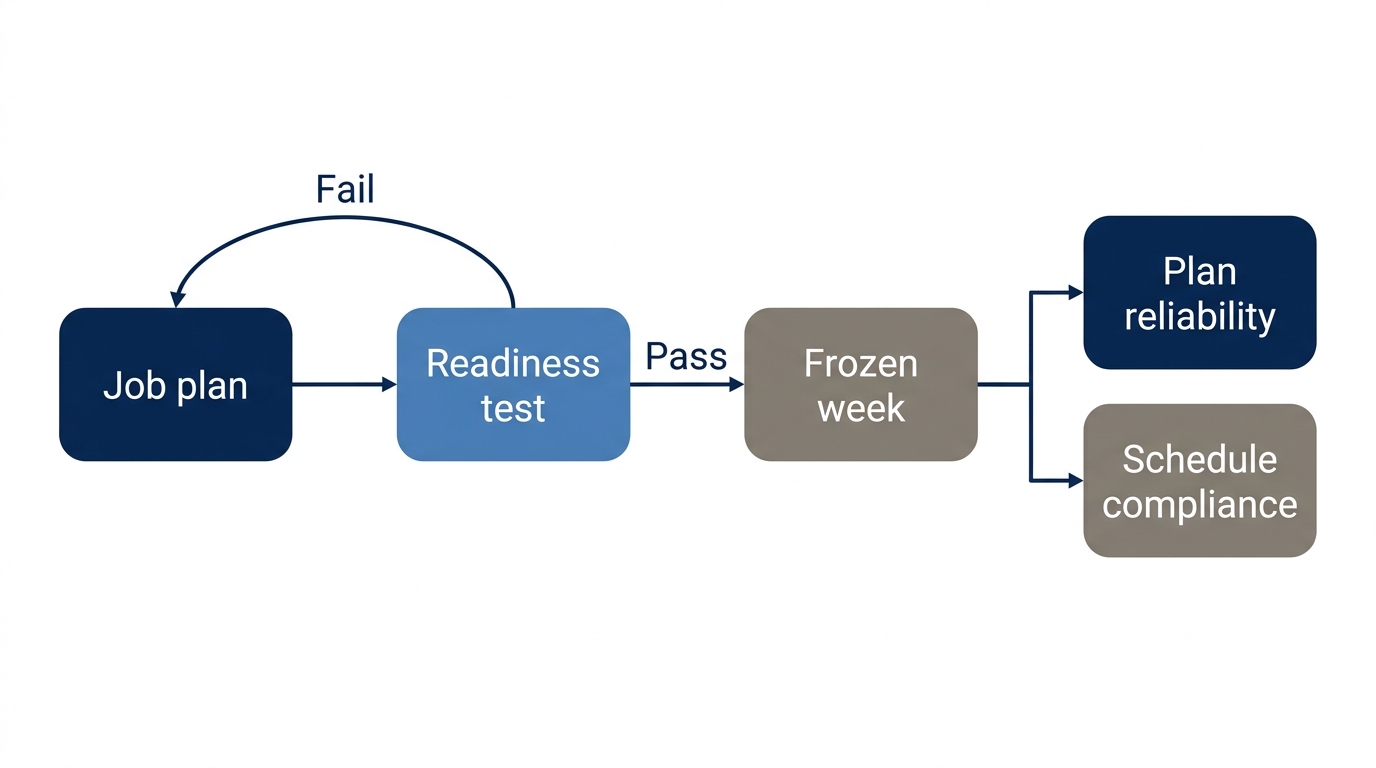 A job enters the frozen week only after it passes a readiness test, and the week is reported on plan reliability as well as schedule compliance