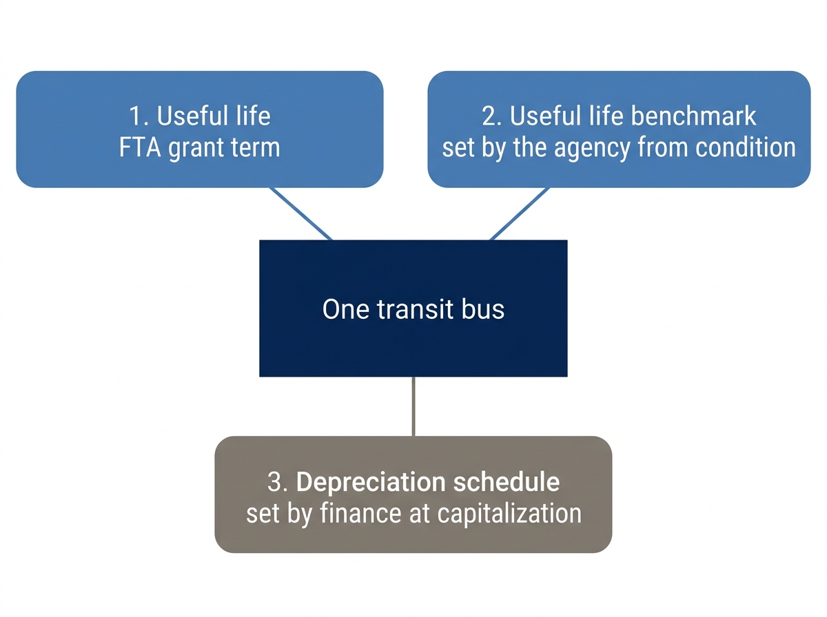 Three life estimates for one transit bus: the FTA grant term, the agency's useful life benchmark, and finance's depreciation schedule
