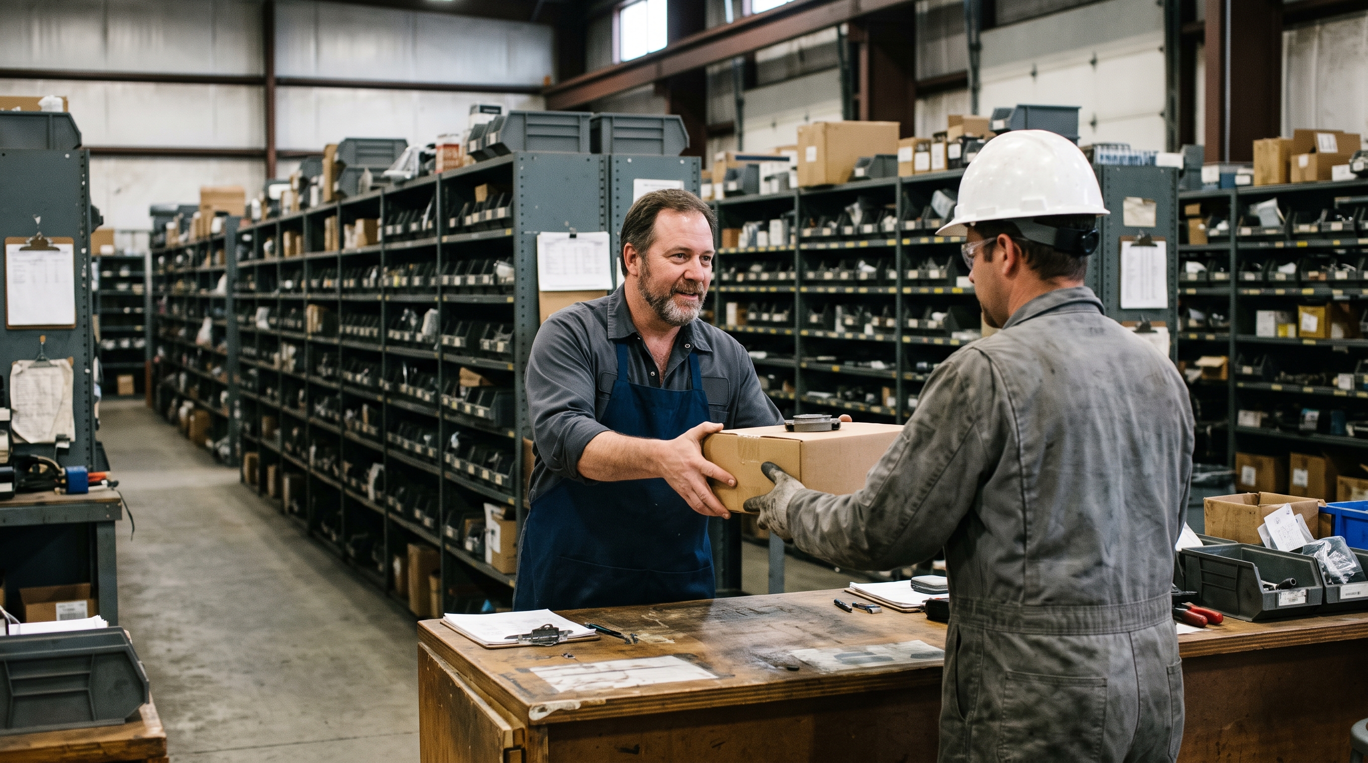 A storeroom attendant hands a boxed part across the MRO counter to a technician