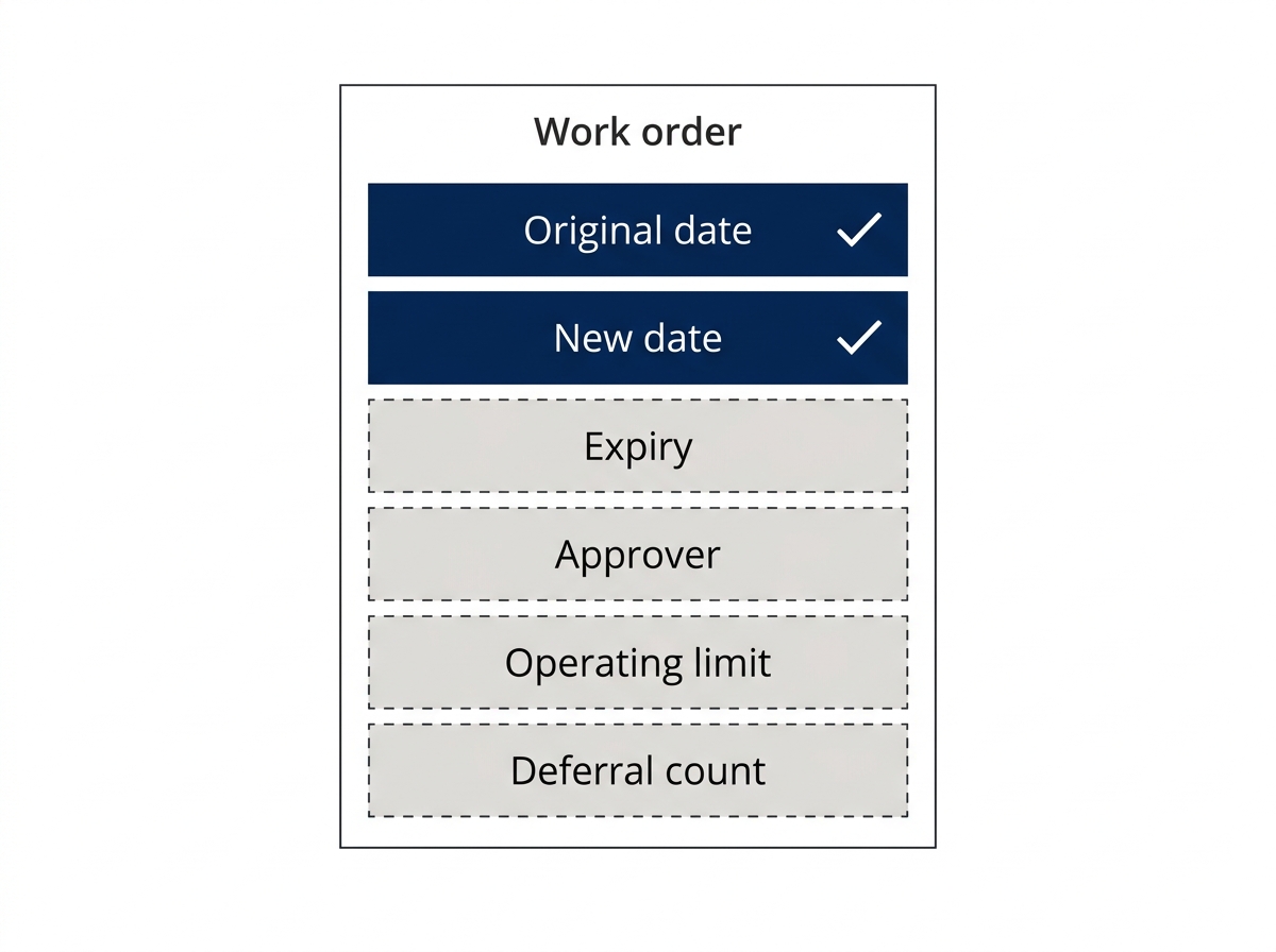 The typical deferred work order carries a new date and nothing else; expiry, approver, operating limit and deferral count are empty