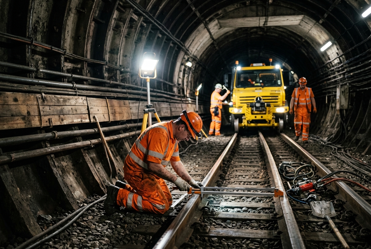 A track crew works an overnight possession in a subway tunnel under portable lights